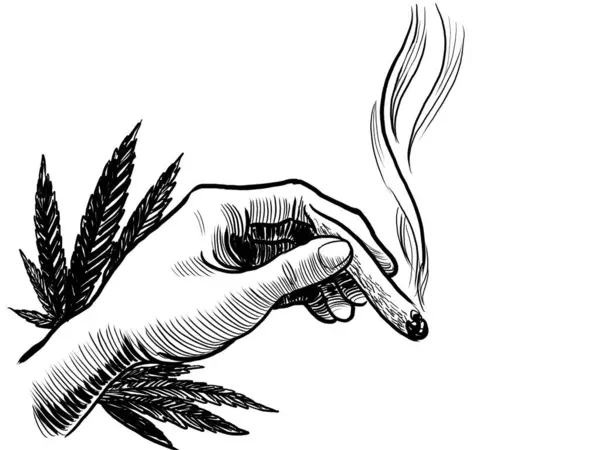Mano Con Porro Marihuana Ilustración Blanco Negro Dibujada Mano — Foto de Stock