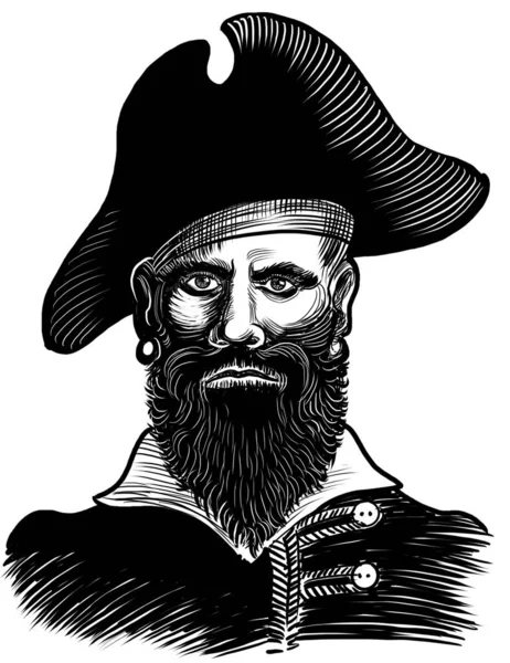 Capitão Pirata Ilustração Preto Branco Desenhada Mão — Fotografia de Stock