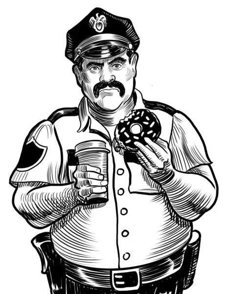 American cop character. Hand-drawn black and white illustration