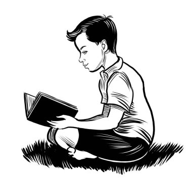 Çocuk kitap okuyor. Elle çizilmiş siyah ve beyaz çizimler