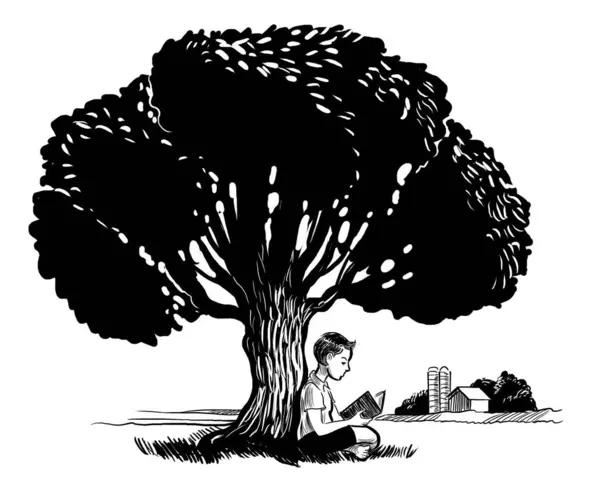 Young boy reading a book under the tree. Hand-drawn black and white illustration