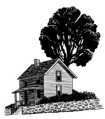 Eski ev ve ağaç. Elle çizilmiş siyah ve beyaz çizimler