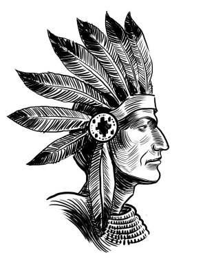 Kızılderili şefi. Elle çizilmiş siyah ve beyaz çizimler