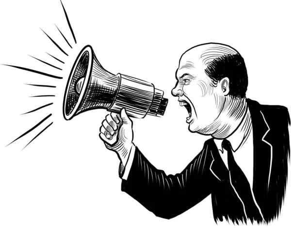 Man shouting with loudspeaker. Hand-drawn black and white illustration