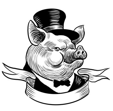 Zengin domuz karakteri. Elle çizilmiş siyah ve beyaz çizimler