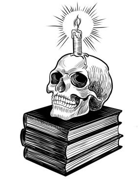 Kafatası, mum ve kitap. Elle çizilmiş siyah ve beyaz çizimler