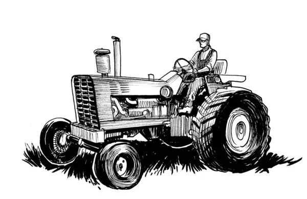 Farmer on vintage tractor. Hand-drawn ink black and white illustration