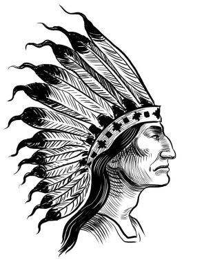 Kızılderili şefi. Elle çizilmiş siyah ve beyaz çizimler