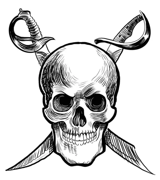 Human skull and crossed sabers. Hand-drawn black and white illustration