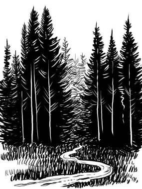 Ormanda bir patika. Retro biçimli siyah-beyaz çizim