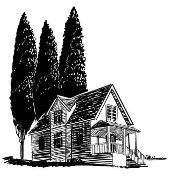 Ev ve ağaçlar. Retro biçimli siyah-beyaz çizim