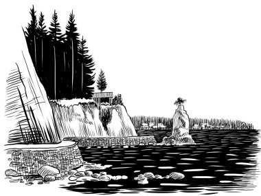 Stanley Park deniz kenarında. Elle çizilmiş siyah ve beyaz çizimler