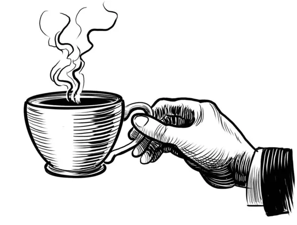 Hand with a cup of tea. Retro styled hand-drawn black and white illustration