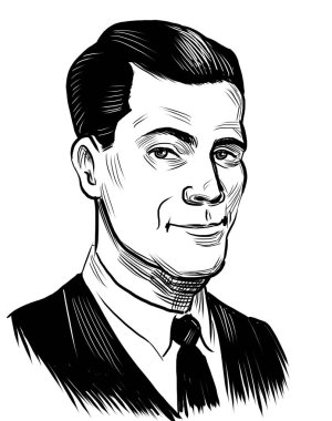 Takım elbiseli yakışıklı adam. El yapımı siyah-beyaz çizimi.