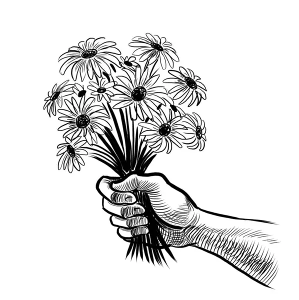 Hand holding flowers. Hand-drawn retro styled black and white illustration