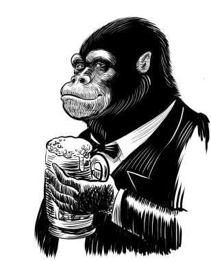 Goril bira içiyor. El çizimi illüstrasyon