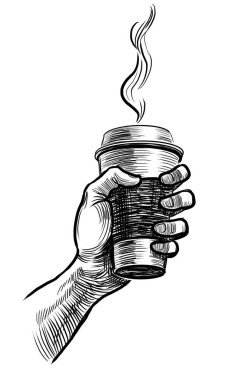 Bir fincan kahveyle el ele. El yapımı siyah-beyaz çizimi.