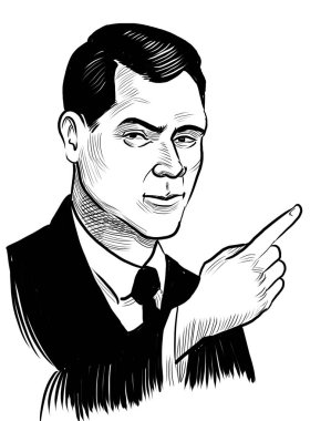 Adam yukarı bakıyor. El yapımı siyah-beyaz çizimi.