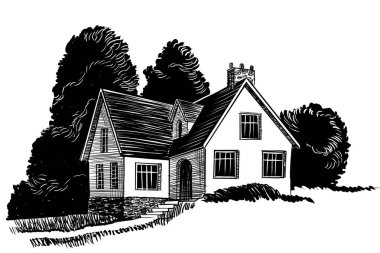 Kırsalda eski bir ev. Elle çizilmiş siyah ve beyaz çizimler