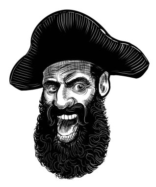 Gülen korsan kafası. Elle çizilmiş siyah ve beyaz çizimler