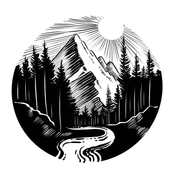 Dağ zirvesi, orman ve nehir. Elle çizilmiş siyah ve beyaz çizimler
