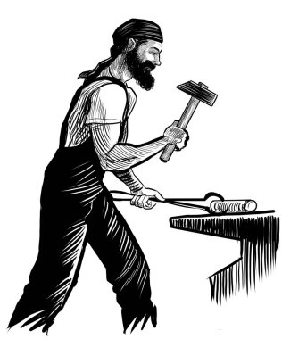 Çalışan demirci. Elle çizilmiş siyah ve beyaz çizimler