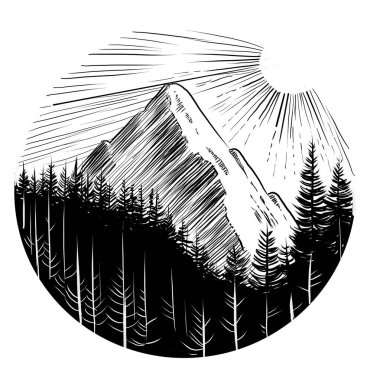 Dağ zirvesi. Elle çizilmiş siyah ve beyaz çizimler