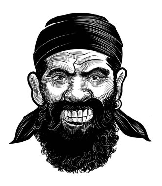 Kızgın korsan kafası. Elle çizilmiş siyah ve beyaz çizimler