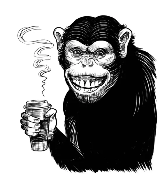 Chimpanzee with a cup of coffee. Hand-drawn black and white illustration