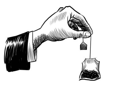 Çay poşeti ile el. Elle çizilmiş siyah ve beyaz çizimler