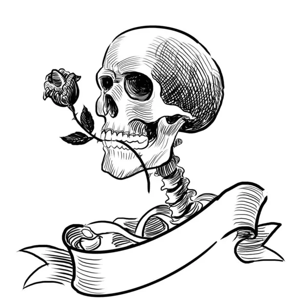 Skeleton with a rose in its teeth. Hand-drawn black and white illustration