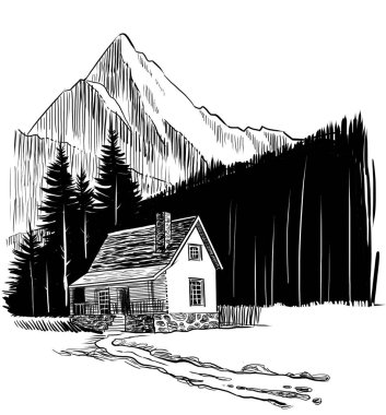 Dağlarda bir kulübe. El yapımı siyah-beyaz çizimi.