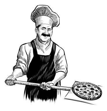 Restoran şefi pizza pişiriyor. El yapımı siyah-beyaz çizimi.