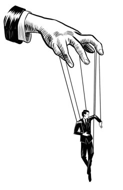 Kuklayla el ele. El yapımı siyah-beyaz çizimi.