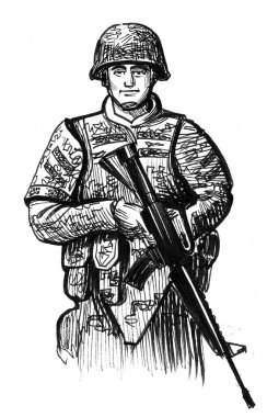 Tüfekli Amerikan askeri. El çizimi eski moda siyah-beyaz çizimler