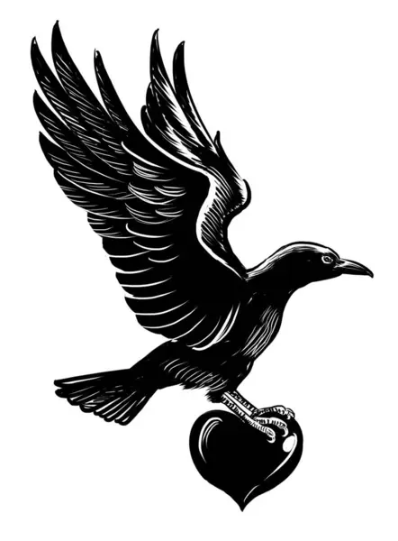 Vraní Pták Srdcem Ručně Kreslený Retro Černobílý Nákres — Stock fotografie