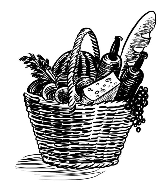Food basket. Hand drawn retro styled black and white illustration