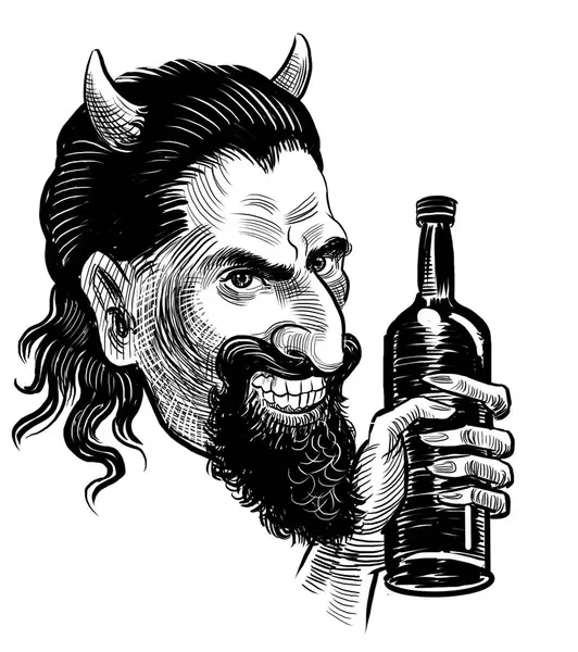 Satan Avec Une Bouteille Alcool Illustration Rétro Dessinée Main Noir Photo De Stock
