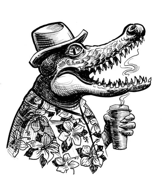 Cool looking alligator drinking a cup of coffee. Hand drawn retro styled black and white illustration