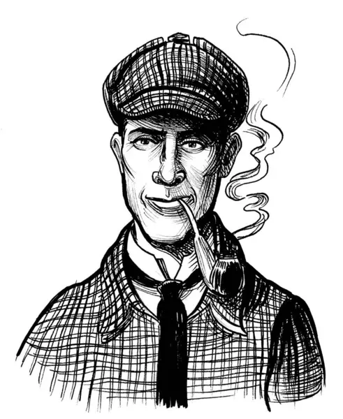 Karakter Sherlock Holmes Ilustrasi Hitam Dan Putih Bergaya Retro Tangan Stok Foto Bebas Royalti