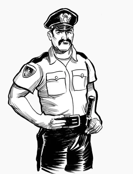 Karakter Polisi Amerika Sketsa Hitam Dan Putih Yang Digambar Dengan Stok Gambar Bebas Royalti
