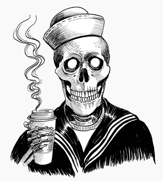 Νεκρός Ναύτης Πίνει Καφέ Χειροποίητο Μελάνι Μαύρο Και Άσπρο Σχέδιο Φωτογραφία Αρχείου