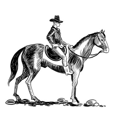 Kovboy ata biniyor. El çizimi retro biçimli illüstrasyon