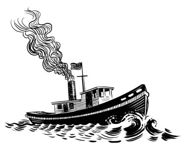 Eski römorkör. El çizimi retro biçimli illüstrasyon