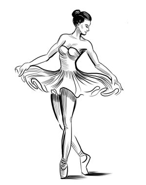 Dans eden balerin. El çizimi eski moda siyah-beyaz çizimler