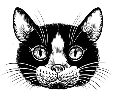 Kara kedi kafası. El çizimi eski moda siyah-beyaz çizimler