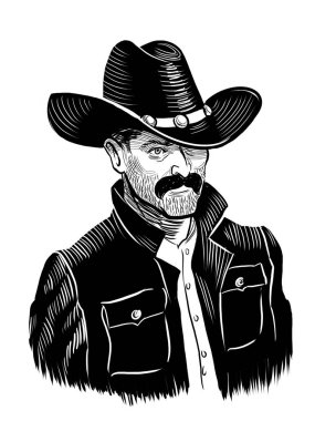 Kovboy karakteri. El çizimi eski moda siyah-beyaz çizimler