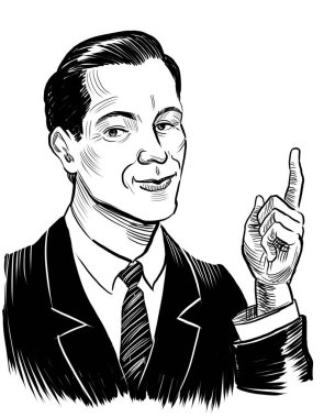 Adam yukarı bakıyor. El çizimi eski moda siyah-beyaz çizimler