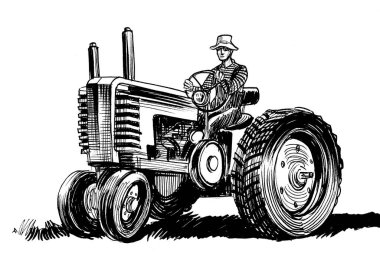Traktördeki çiftçi. El çizimi mürekkep siyah beyaz çizim