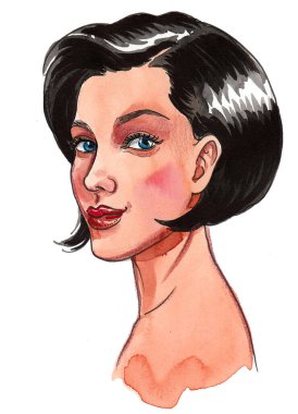 Güzel kadın. El çizimi mürekkep ve suluboya çizim